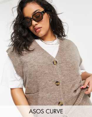 ASOS DESIGN Curve - Strick-Tanktop mit durchgehender Knopfleiste in Taupe, Kombiteil-Neutral