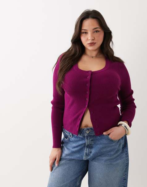 ASOS DESIGN Curve – Strickjacke aus Baumwollmix in Pflaume mit U-Ausschnitt - view 1