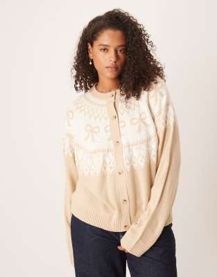 ASOS DESIGN Curve - Strickjacke in Beige mit Passe und Schleifenmuster-Neutral
