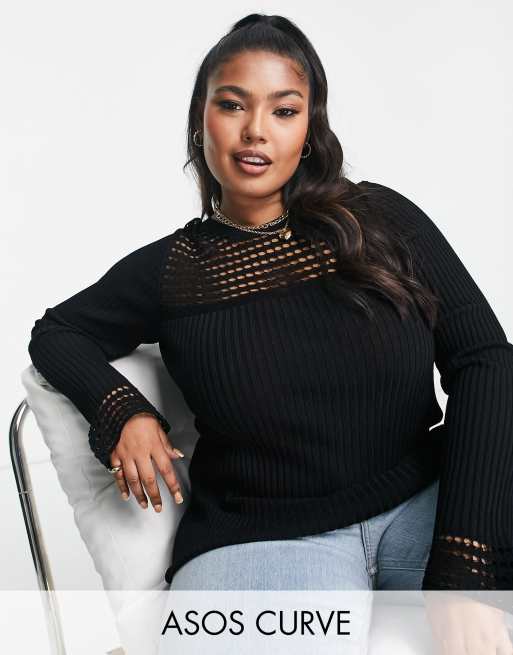ASOS DESIGN Curve – Strickoberteil in Schwarz mit weitmaschiger Passe