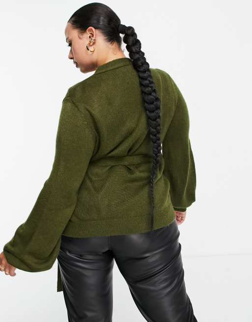 ASOS DESIGN Curve - Strikket slå-om-cardigan med ballonærmer i khaki, 2 af 4