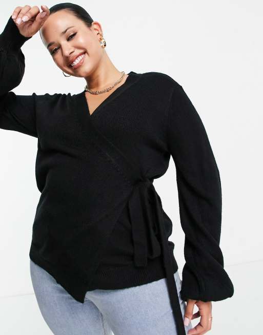 ASOS DESIGN Curve - Strikket slå-om-cardigan med ballonærmer i sort, 3 af 4