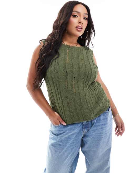 ASOS DESIGN Curve - Strikket tanktop i kakigrønt bouclegarn med stigedsømdetalje
