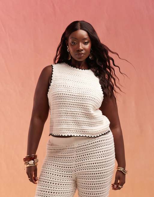 ASOS DESIGN Curve - Strikket tanktop med farvekanter i cremehvid - Del af sæt