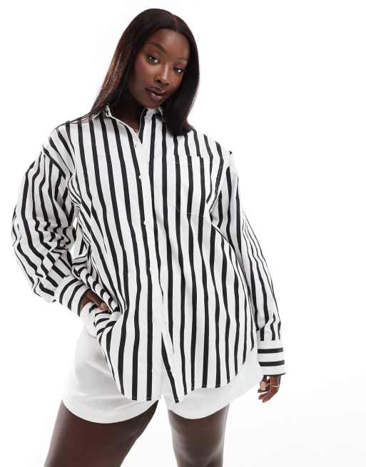 Asos Design Curve Stripe Oversized Shirt In Black And White Asos