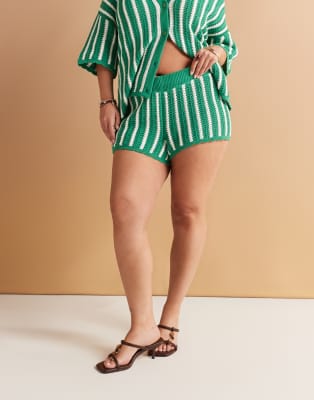 ASOS DESIGN Curve stripe scallop edge knit shorts in green - part of a set