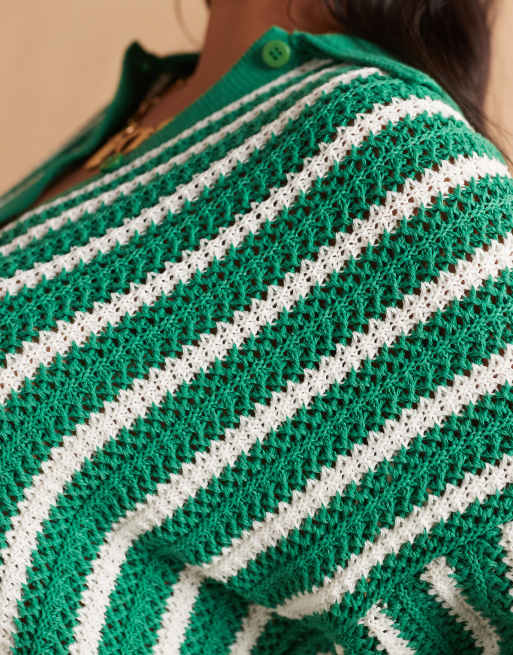 ASOS DESIGN Curve stripe scallop edge knitted shirt co-ord in green, 3 of 4