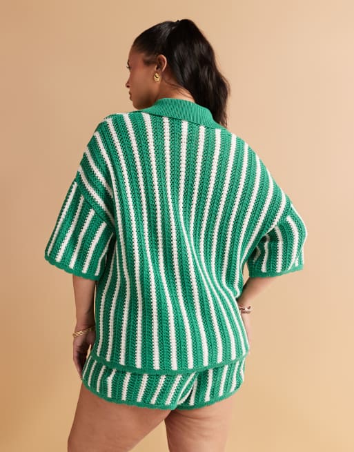 ASOS DESIGN Curve stripe scallop edge knitted shirt co-ord in green, 4 of 4