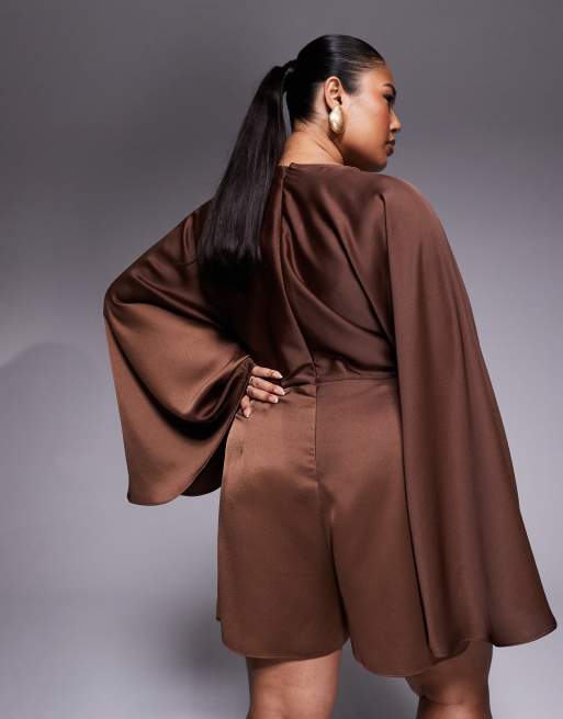ASOS DESIGN Curve structured batwing romper with skort detail in chocolate, 3 of 4