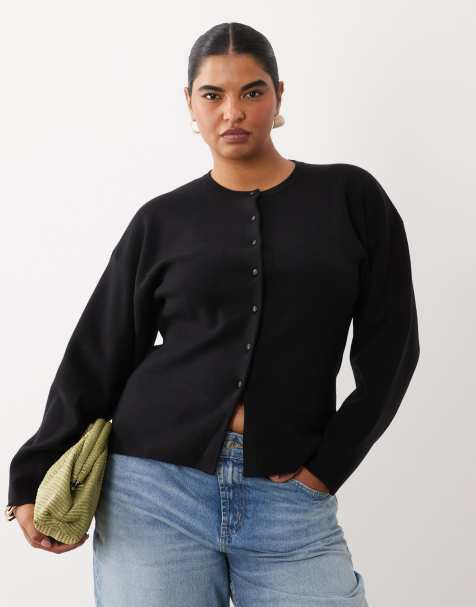 ASOS DESIGN Curve structured cardigan with faux leather buttons in black - view 1