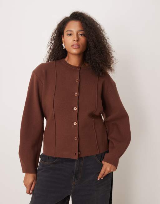 ASOS DESIGN Curve structured compact knit waisted crew neck cardigan in mocha