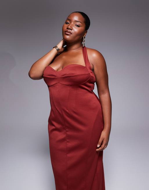 ASOS DESIGN Curve structured corseted midi dress in dark cherry, 2 of 4