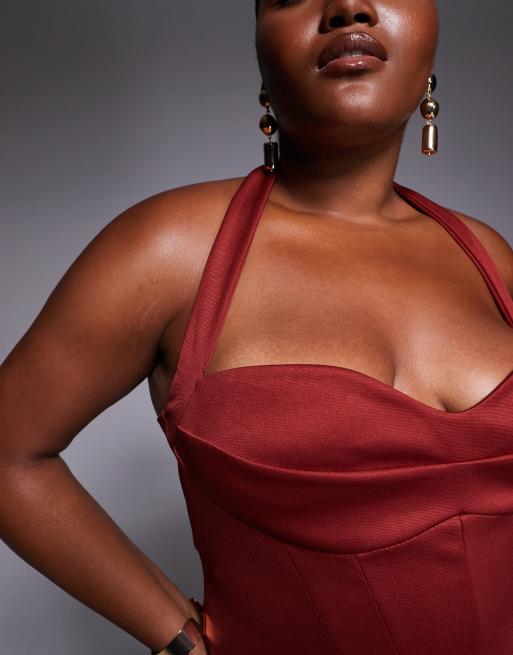 ASOS DESIGN Curve structured corseted midi dress in dark cherry, 4 of 4