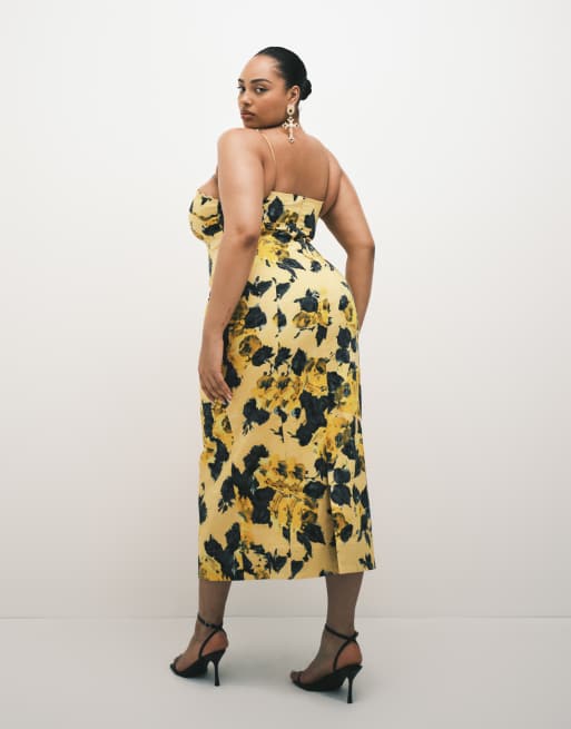 ASOS DESIGN Curve structured cotton cami maxi sundress with bust detail in yellow print, 2 of 4