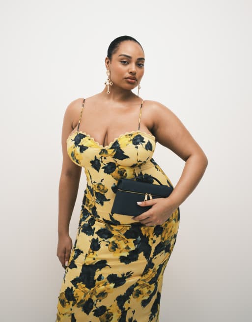 ASOS DESIGN Curve structured cotton cami maxi sundress with bust detail in yellow print, 4 of 4