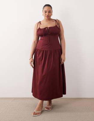 ASOS DESIGN Curve structured cotton sateen tie bust dropped waist midaxi sundress in burgundy