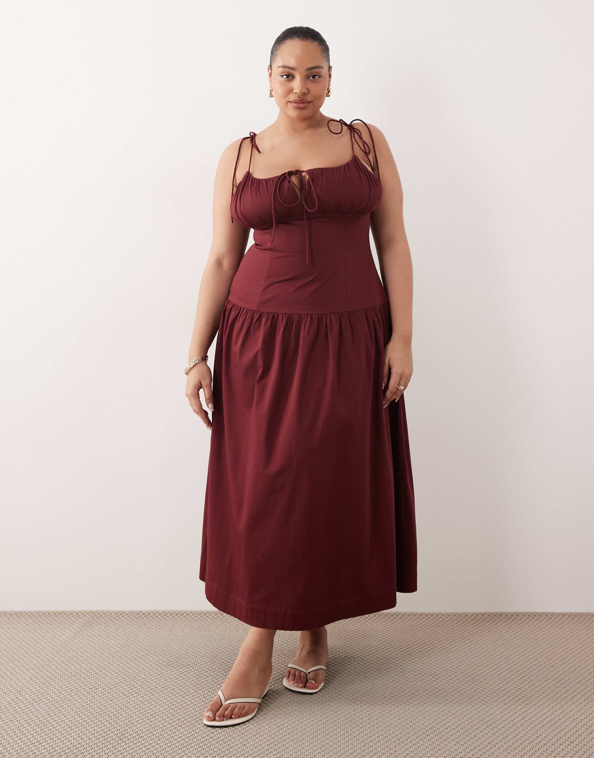 asos design curve structured cotton sateen tie bust dropped waist midaxi sundress in burgundy