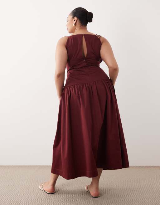 ASOS DESIGN Curve structured cotton tie bust dropped waist maxi sundress in burgundy, 2 of 4