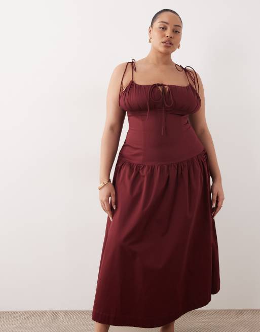 ASOS DESIGN Curve structured cotton tie bust dropped waist maxi sundress in burgundy, 3 of 4