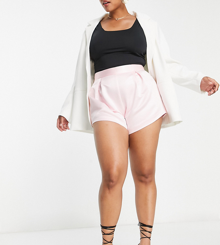 ASOS DESIGN Curve structured high rise satin hotpants in pink