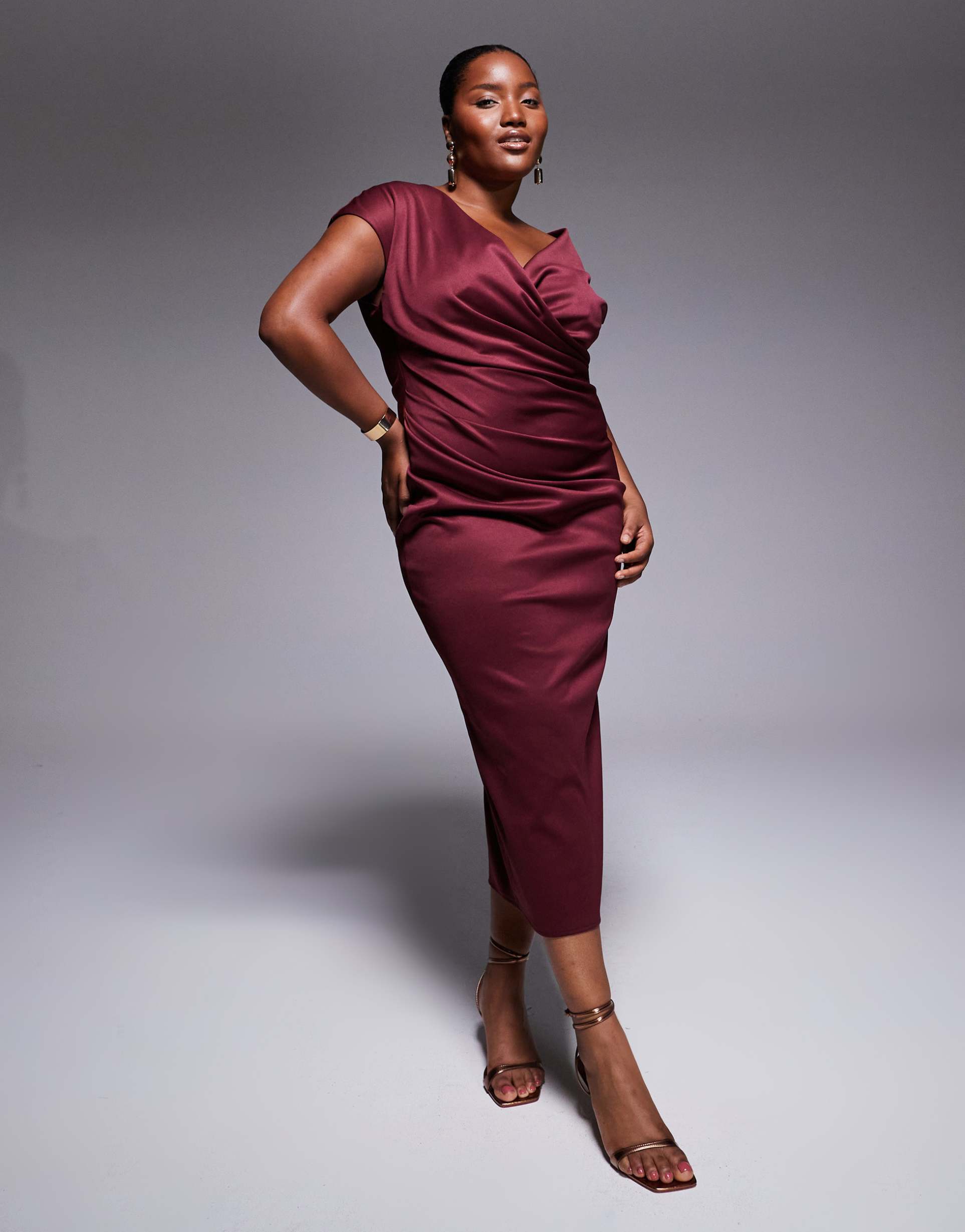 asos design curve structured midi dress with capped sleeve and draped cross front in dark berry