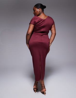 Asos Curve Asos Design Curve Structured Midi Dress With Capped Sleeve And Draped Cross Front In Red