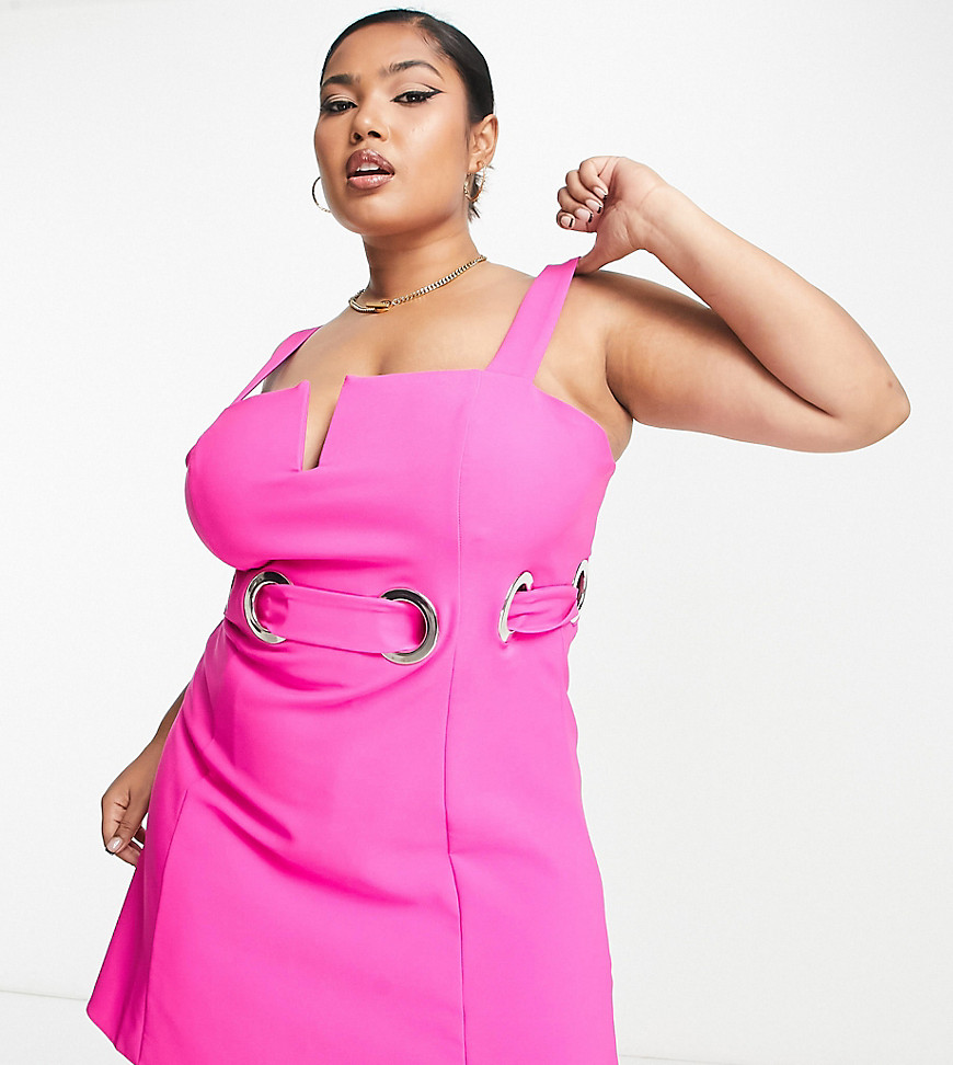 ASOS DESIGN Curve structured mini dress with 70's ring waist detail in fuschia-Pink
