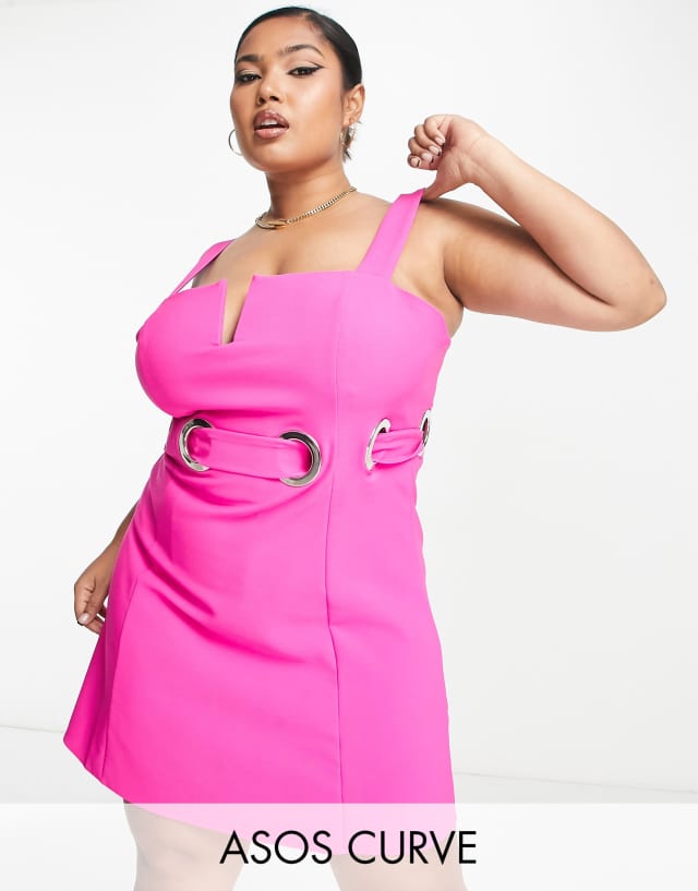 ASOS DESIGN Curve structured mini dress with 70's ring waist detail in fuschia