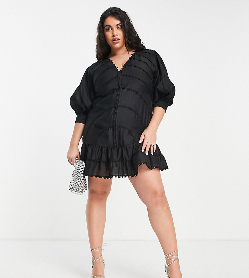 Asos Design Curve Structured Mini Dress With Lace Trim Detail And Puff Sleeve-Black