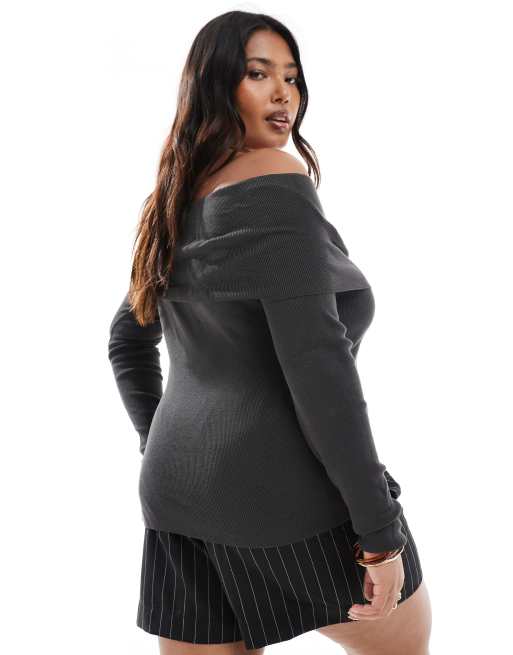 ASOS DESIGN Curve structured off the shoulder bardot top in charcoal, 4 of 4
