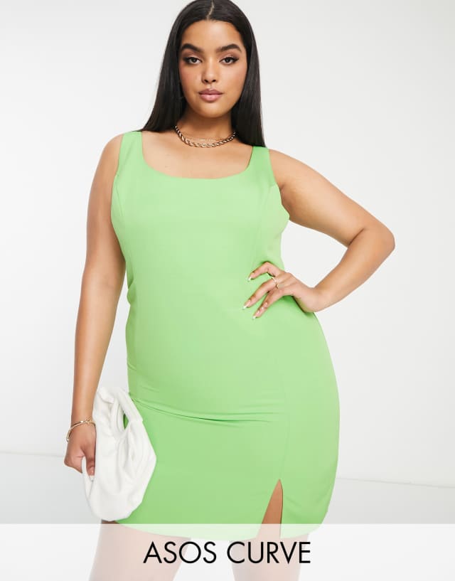 ASOS DESIGN CURVE structured scoop mini dress with slit detail in green