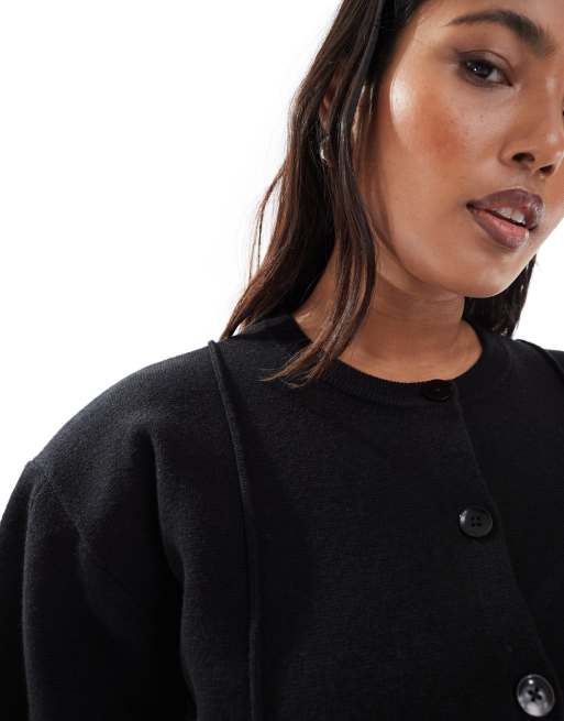 ASOS DESIGN Curve structured shoulder pad waisted crew neck cardigan in black, 3 of 4