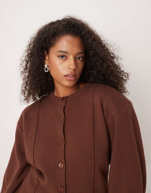 ASOS DESIGN Curve structured shoulder pads waisted crew neck cardigan in chocolate
