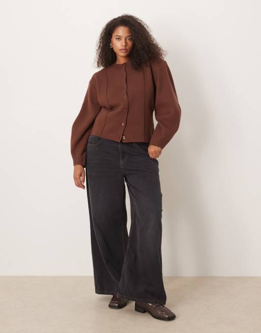 ASOS DESIGN Curve structured shoulder pads waisted crew neck cardigan in chocolate