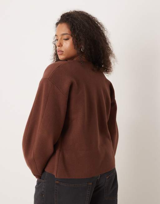 ASOS DESIGN Curve structured shoulder pads waisted crew neck cardigan in chocolate