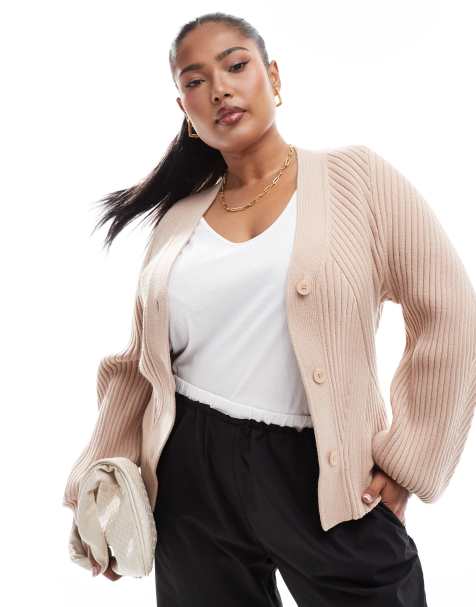 ASOS DESIGN Curve structured sleeve cardigan with rib detail in mocha - view 1