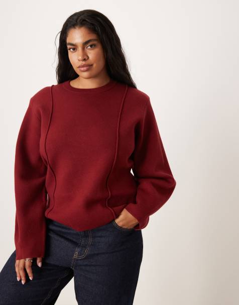 ASOS DESIGN Curve structured waisted sweater with shoulder pads in burgundy - view 1