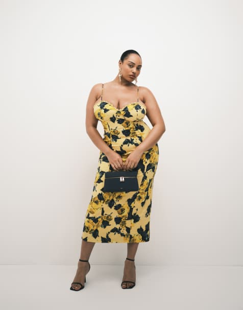 ASOS DESIGN Curve strukturalna bawełniana sukienka maxi na ramiączkach z detalem przy biuście we wzór w kolorze żółtym - view 1