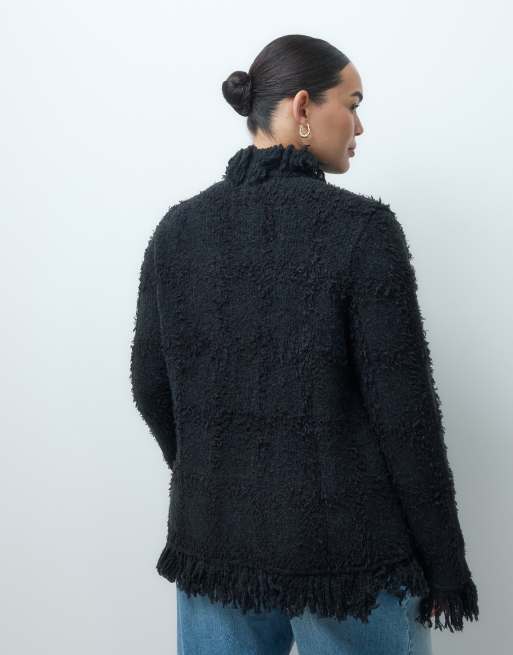 ASOS DESIGN Curve strukturerad kofta med fransar i svart, 4 av 4