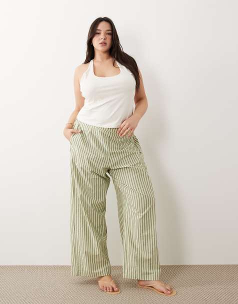 ASOS DESIGN Curve – Strukturierte Schlupfhose mit khakifarbenen Streifen und geradem Bein - view 1