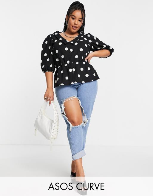 ASOS DESIGN Curve – Strukturierte Stretch-Bluse in Schwarzweiß gepunktet