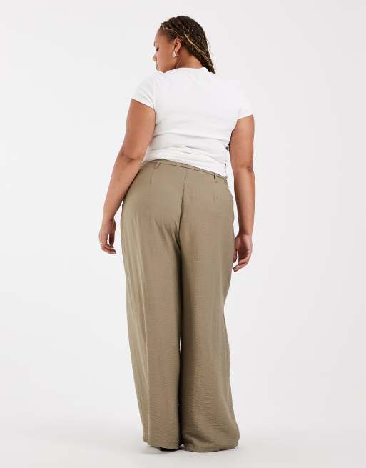ASOS DESIGN Curve strukturierte Wide-Leg-Hose mit Bindegürtel in Khaki, 2 von 5