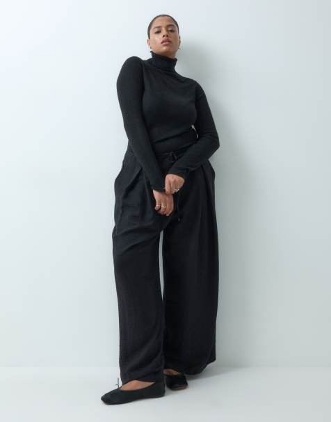 ASOS DESIGN Curve strukturierte Wide-Leg-Hose mit Bindegürtel in Schwarz - view 1