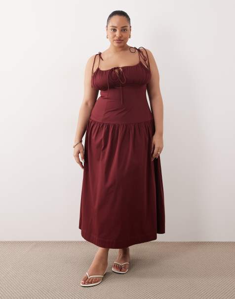 ASOS DESIGN Curve strukturiertes Baumwoll-Schnür-Top mit tiefer Taille, Maxikleid in Burgunderrot - view 1