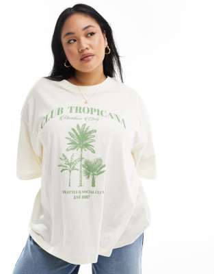 ASOS DESIGN Curve - Strukturiertes Boyfriend-T-Shirt in Cremeweiß mit „Club Tropicana"-Grafikprint