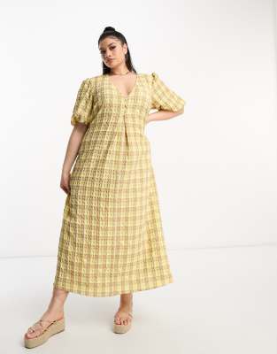 ASOS DESIGN Curve - Strukturiertes Midi-Freizeitkleid in Gelb kariert-Bunt