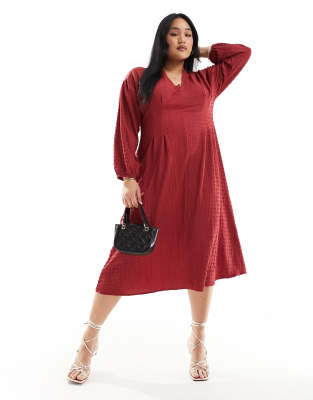 ASOS DESIGN Curve - Strukturiertes Midikleid in Himbeerrot mit Ballonärmeln