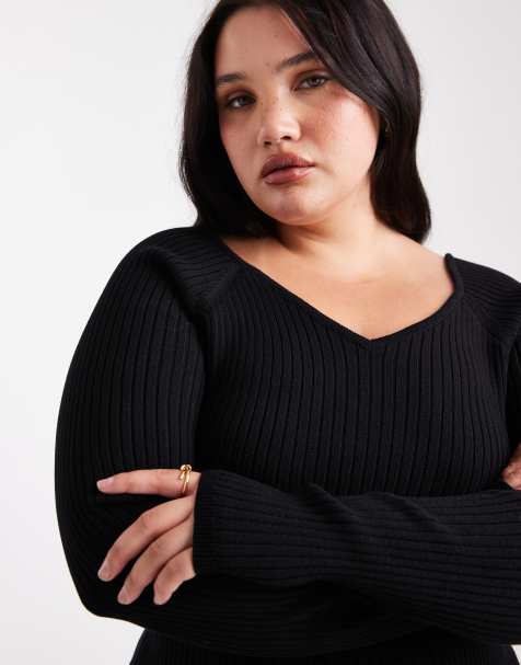 ASOS DESIGN Curve – Strukturiertes Strickoberteil in Schwarz mit V-Ausschnitt - view 1