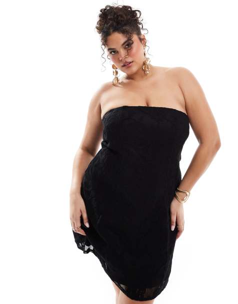 ASOS DESIGN Curve – Strukturiertes, trägerloses Minikleid in Schwarz mit Spitzen-Overlay - view 1