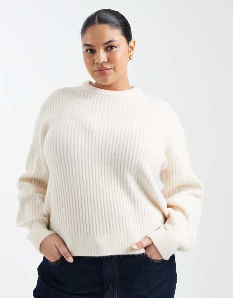 ASOS DESIGN Curve stuffed neck trim rib detail jumper in cream - view 1